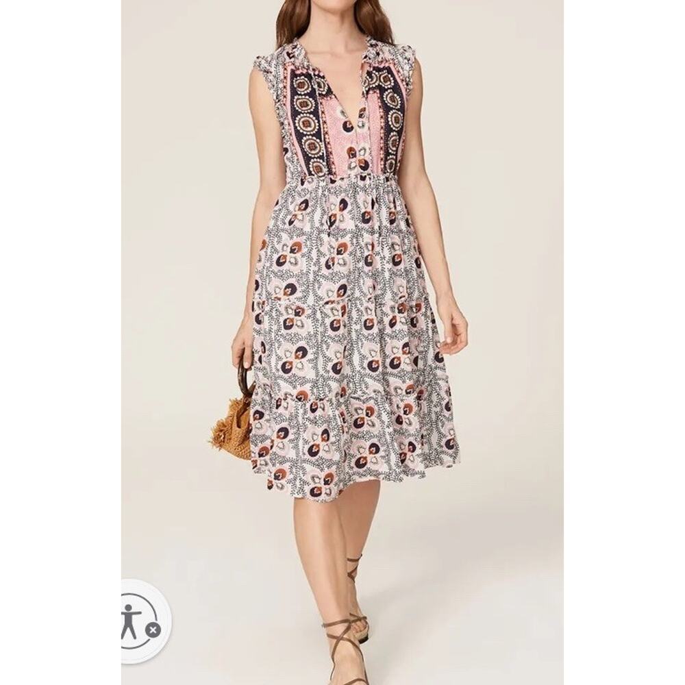 Figue Lily Clara midi dress Sz M‎ White Blue Floral Tiered Boho Cottagecore
